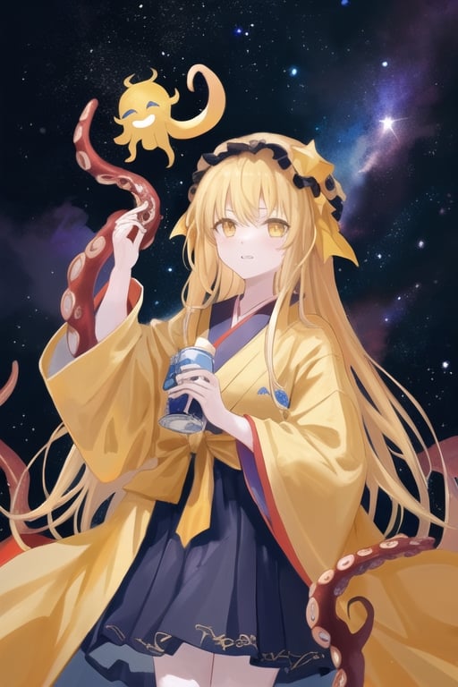 Hastur, octopus girl, 1girl , yellow robe like very long yellow hair, starry eyes, yellow robe, black lolita dress, yellow tentacles, black tentacles, face mask on hand, visual novel cg, in a starry sky background, epic fantasty art, lord of interstellar spaces, feaster from afar, infernal art in good quality, shadowverse style, king in yellow, isekai manga panel 