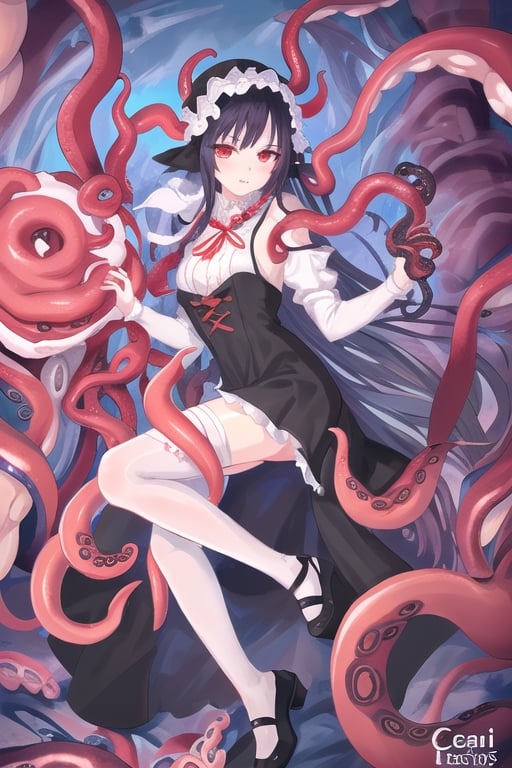 Nyarlathotep, 1 girl, detailed face and eyes, very long black hair, red eyes, black lolita dress, white stockings, black shoes, black tentacles, (((black tentacles))), visual novel cg, in a dungeon background, epic fantasty art, queen of chaos, outer god, cerberus, infernal art in good quality, shadowverse style, ruler of shadow, gehenna, evil god, isekai manga panel