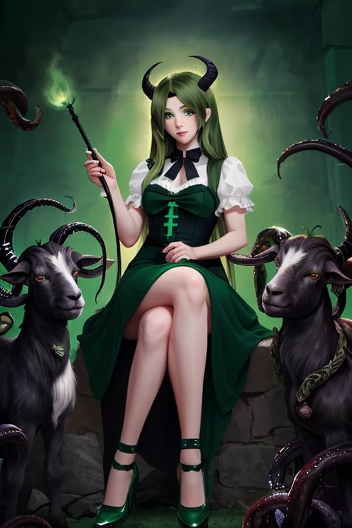 Shub-Niggurath, the Mother of black goats, 1 girl, detailed face and eyes, green hair, (((dark green hair))), golden eyes, (((golden eyes))l, goats horns, bat wings, (((green bat wings))), tentacles, (((green tentacles))), green lolita dress, white stockings, green shoes, sitting on back goats, surrounded by black goats, visual novel cg, in a dungeon background, epic fantasty art, the Mother of black goats, cerberus, infernal art in good quality, shadowverse style, ruler of chaos, gehenna, isekai manga panela