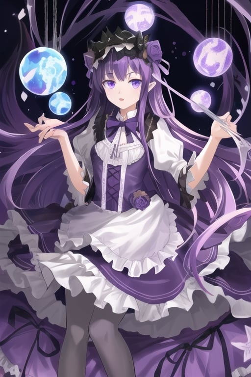 Yog-Sothoth, 1 girl, purple hair, (((very long dark purple hair))), ruriiro eyes, lolita dress, (((purple lolita dress))), white stockings, purple shoes, lights ball around, visual novel cg, in a area full of pale purple light background, epic fantasty art, queen of god, cerberus, infernal art in good quality, shadowverse style, ruler of inferno, gehenna, isekai manga panel