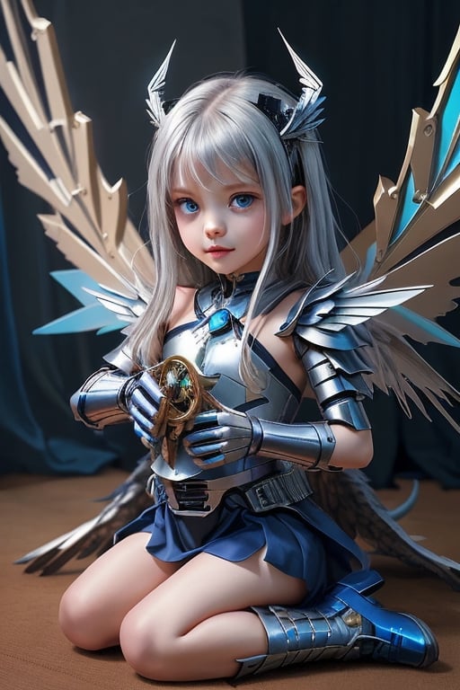 Albion, dragon girl, child, (((child))), 1 girl, detailed face and eyes, very long silver hair, metal horns, blue eyes, wings, (((metal wings))), very sexy silver and blue armour, metal gloves, metal shoes, metal tail, visual novel cg, in a warfield background, epic fantasty art, queen of machine, dragon child, infernal art in good quality, shadowverse style, ruler of androids, cyberpunk, futuristic machine, isekai manga panel