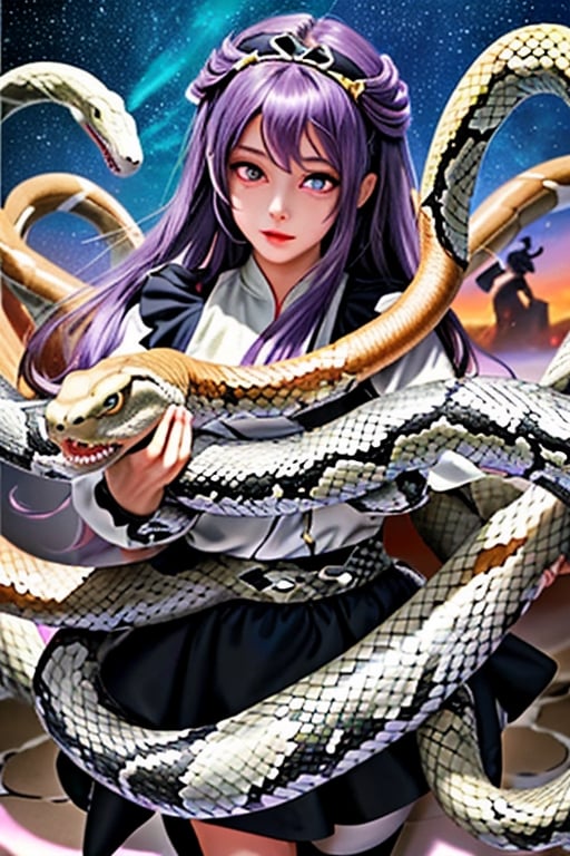 Ouroboros, snake girl, (((snake child))), 1 girl, detailed face and eyes,  very long purple ruriiro hair, starry eyes, black lolita dress, white stockings, purple tail, visual novel cg, in a chaos background, epic fantasty art, queen of time, infinite ouroboros, cycle, infernal art in good quality, shadowverse style, ruler of circulation, infinite, eternal cycle, isekai manga panel