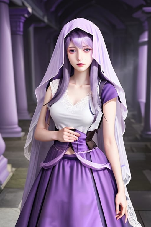 Nyog'Sothep, mist girl, 1 girl, detailed face and eyes, pale purple hair, (((very long pale purple hair))),  purple veil, (((pale purple veil))), purple dress, ((( pale purple gauze skirt))), purple mist around, visual novel cg, in a ancient city background, epic fantasty art, queen of mist, outer god, labyrinth, infernal art in good quality, shadowverse style, whisperer in darkness, maze, magnum innominandum, isekai manga panel