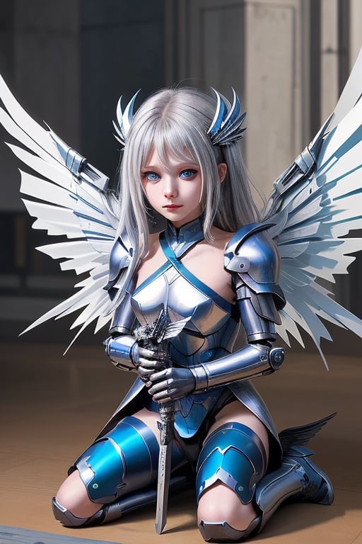 Albion, dragon girl, child, (((child))), 1 girl, detailed face and eyes, very long silver hair, metal horns, blue eyes, wings, (((metal wings))), very sexy silver and blue armour, metal gloves, metal shoes, metal tail, visual novel cg, in a warfield background, epic fantasty art, queen of machine, dragon child, infernal art in good quality, shadowverse style, ruler of androids, cyberpunk, futuristic machine, isekai manga panel