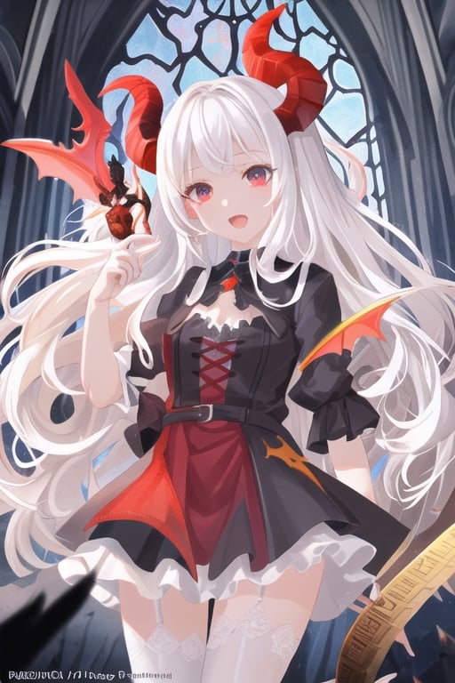 Azazel, dark angel girl, 1 girl, detailed face and eyes, white hair, (((very long white hair))), goat horns, black and white feathers wings, white stockings, very sexy white outfit, visual novel cg, in a ruined church background, epic fantasty art, queen of hell, carmilla vampire, cerberus, infernal art in good quality, shadowverse style, ruler of inferno, gehenna, giesha demon, isekai manga panel