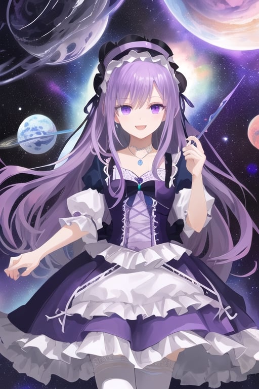 Azathoth girl, emperor,  ruriiro hair, (((purple ruriiro hair))), ruriiro eyes, lolita dress, (((purple blue lolita dress))), white stockings, silver necklace with ruriiro jewelry, stars and planets flow around, smile, visual novel cg, in a chaos background, epic fantasty art, queen of space, outer god, galaxy, infernal art in good quality, shadowverse style, ruler of order, universe, cosmos emperor, isekai manga panel