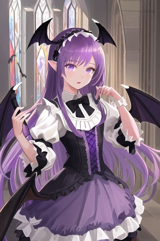 Lucifer, dark angel girl, 1 girl, detailed face and eyes, purple hair, (((very long purple hair))), bat wings, (((black bat wings))), purple dress, (((purple lolita dress))), black stockings, visual novel cg, in a ruined church background, epic fantasty art, queen of hell, carmilla vampire, cerberus, infernal art in good quality, shadowverse style, ruler of inferno, gehenna, giesha demon, isekai manga panel