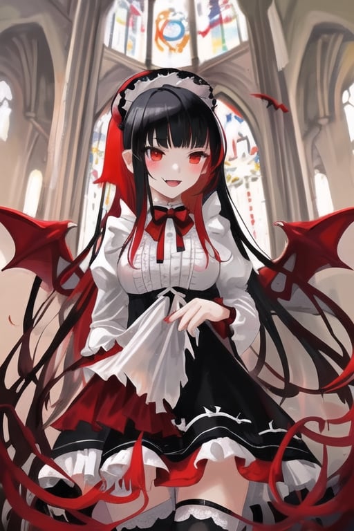 Lilim, dark angel girl, 1 girl, detailed face and eyes, black hair, (((very long black hair))), red bangs, (((very long red bangs))), black feathers wings, white stockings, black dress, (((very sexy black and red lolita dress))), visual novel cg, in a church background, epic fantasty art, princess of hell, carmilla vampire, succubus, infernal art in good quality, shadowverse style, ruler of inferno, brizo, giesha demon, isekai manga panel