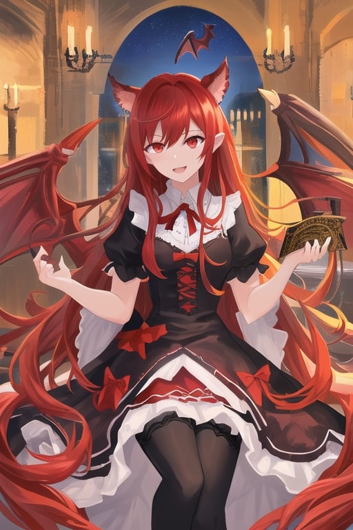 Samael, demon girl, 1 girl, detailed face and eyes, red hair, (((very long red hair))), red eyes, (((red eyes))), wolf ears, red dragon wings, black stockings, red dress, (((red lolita dress))), visual novel cg, in a dungeon background, epic fantasty art, queen of hell, carmilla vampire, cerberus, infernal art in good quality, shadowverse style, ruler of inferno, gehenna, giesha demon, isekai manga panel