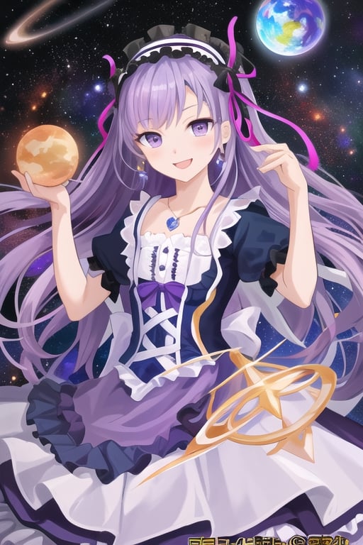 Azathoth girl, emperor,  ruriiro hair, (((purple ruriiro hair))), ruriiro eyes, lolita dress, (((purple blue lolita dress))), white stockings, silver necklace with ruriiro jewelry, stars and planets flow around, smile, visual novel cg, in a chaos background, epic fantasty art, queen of space, outer god, galaxy, infernal art in good quality, shadowverse style, ruler of order, universe, cosmos emperor, isekai manga panel