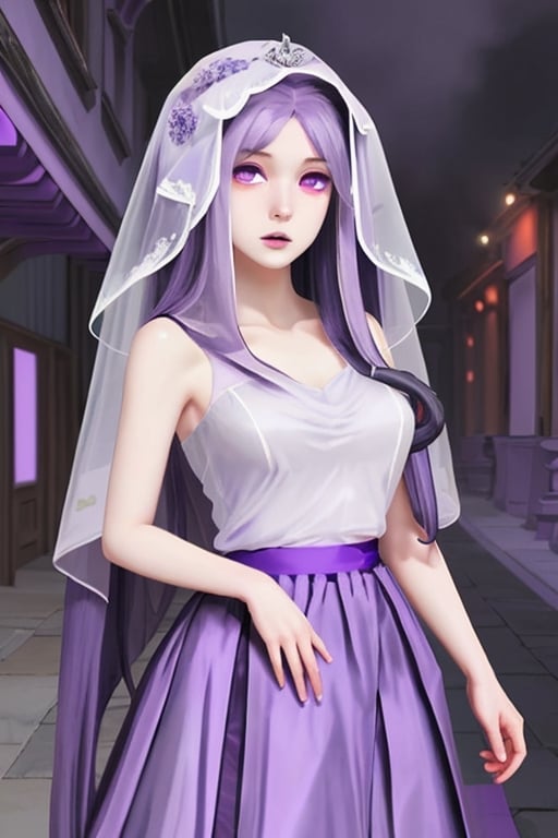 Nyog'Sothep, mist girl, 1 girl, detailed face and eyes, pale purple hair, (((very long pale purple hair))),  purple veil, (((pale purple veil))), purple dress, ((( pale purple gauze skirt))), purple mist around, visual novel cg, in a ancient city background, epic fantasty art, queen of mist, outer god, labyrinth, infernal art in good quality, shadowverse style, whisperer in darkness, maze, magnum innominandum, isekai manga panel