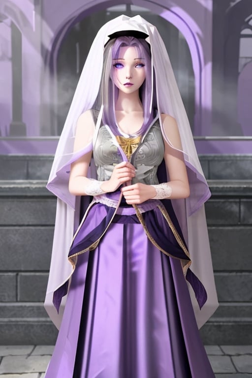 Nyog'Sothep, mist girl, 1 girl, detailed face and eyes, pale purple hair, (((very long pale purple hair))),  purple veil, (((pale purple veil))), purple dress, ((( pale purple gauze skirt))), purple mist around, visual novel cg, in a ancient city background, epic fantasty art, queen of mist, outer god, labyrinth, infernal art in good quality, shadowverse style, whisperer in darkness, maze, magnum innominandum, isekai manga panel