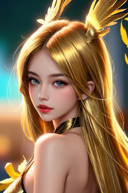 Xiuhcoatl, 1 girl, detailed face and eyes, golden hair, golden eye, 2 golden feathers wings on back, 1 golden tail, Brazilian style