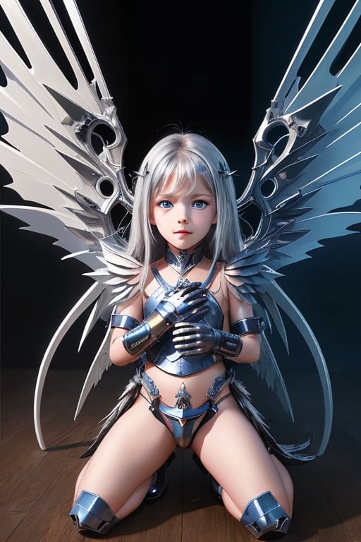 Albion, dragon girl, child, (((child))), 1 girl, detailed face and eyes, very long silver hair, metal horns, blue eyes, wings, (((metal wings))), very sexy silver and blue armour, metal gloves, metal shoes, metal tail, visual novel cg, in a warfield background, epic fantasty art, queen of machine, dragon child, infernal art in good quality, shadowverse style, ruler of androids, cyberpunk, futuristic machine, isekai manga panel