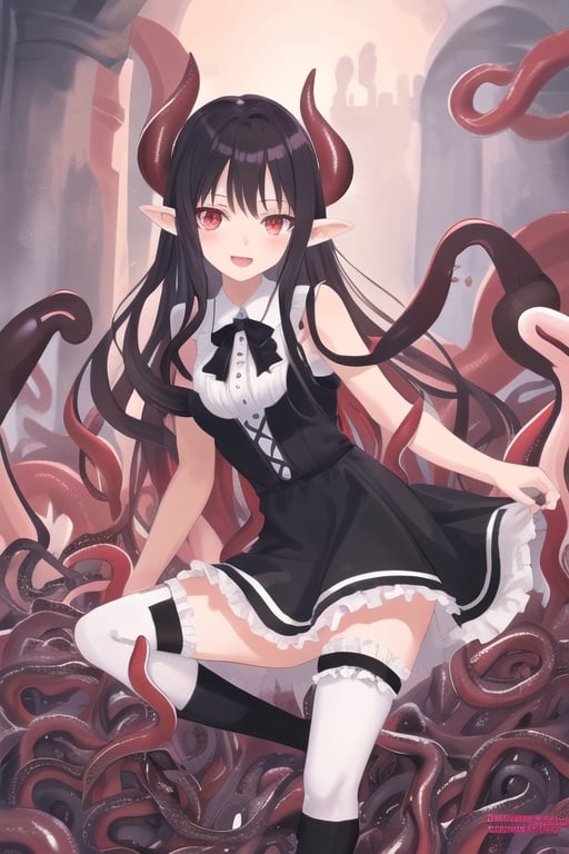 Nyarlathotep, 1 girl, detailed face and eyes, very long black hair, red eyes, black lolita dress, white stockings, black shoes, black tentacles, (((black tentacles))), visual novel cg, in a dungeon background, epic fantasty art, queen of chaos, outer god, cerberus, infernal art in good quality, shadowverse style, ruler of shadow, gehenna, evil god, isekai manga panel