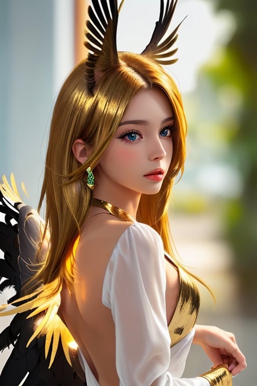 Xiuhcoatl, 1 girl, detailed face and eyes, golden hair, golden eye, 2 golden feathers wings on back, 1 golden tail, Brazilian style