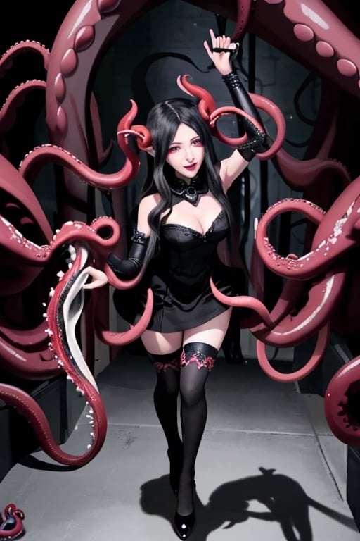 Nyarlathotep, 1 girl, detailed face and eyes, very long black hair, red eyes, black lolita dress, white stockings, black shoes, black tentacles, (((black tentacles))), visual novel cg, in a dungeon background, epic fantasty art, queen of chaos, outer god, cerberus, infernal art in good quality, shadowverse style, ruler of shadow, gehenna, evil god, isekai manga panel