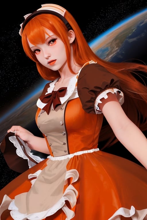 Ghroth, planet girl, 1 girl, detailed face and eyes, orange hair, (((very long orange hair))), grey eyes, white stockings, brown red dress, (((brown red lolita dress))), brown death planet with silver eyes on hands, visual novel cg, in a space background, epic fantasty art, maker of the Doom, Nemesis Star, Alcor, infernal art in good quality, shadowverse style, ruler of inferno, harbinger, big alarm, isekai manga panel