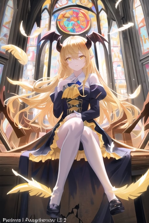 Belphegor, 1 demon girl, ((( demon child))), detailed face and eyes, very long golden hair, pale golden eyes, cow horns, mole tail, feathers wings, (((yellow feathers wings))), yellow lolita dress, white stockings, sitting, visual novel cg, in a ruined church background, epic fantasty art, cerberus, infernal art in good quality, shadowverse style, ruler of inferno, gehenna, giesha demon, isekai manga panel