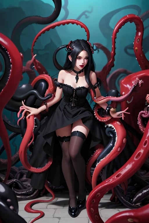 Nyarlathotep, 1 girl, detailed face and eyes, very long black hair, red eyes, black lolita dress, white stockings, black shoes, black tentacles, (((black tentacles))), visual novel cg, in a dungeon background, epic fantasty art, queen of chaos, outer god, cerberus, infernal art in good quality, shadowverse style, ruler of shadow, gehenna, evil god, isekai manga panel