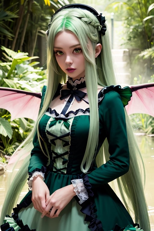 Beelzebub, demon girl, 1 girl, detailed face and eyes, green hair, (((very long green hair))), green fairy wings, black stockings, green dress, (((green lolita dress))), visual novel cg, in a swamp background, epic fantasty art, queen of hell, carmilla vampire, cerberus, infernal art in good quality, shadowverse style, ruler of disease, gehenna, giesha demon, isekai manga panel