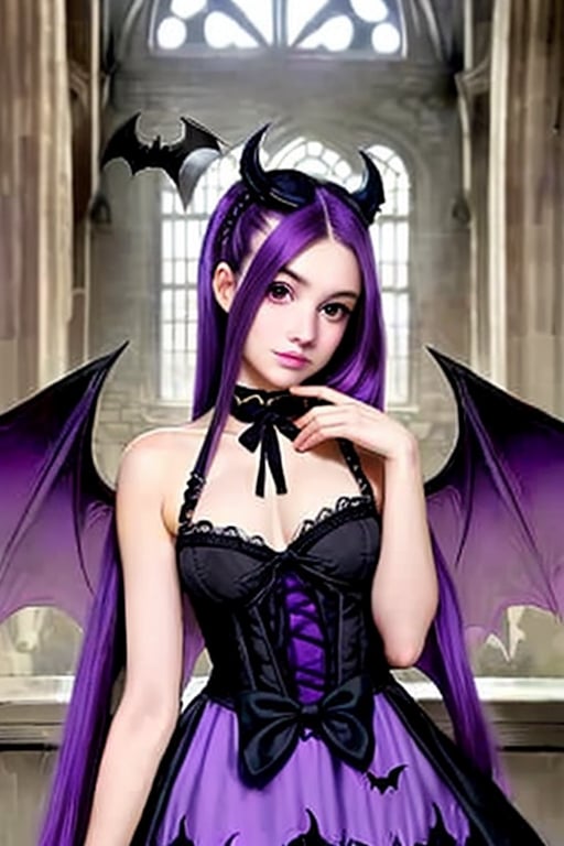 Lucifer, dark angel girl, 1 girl, detailed face and eyes, purple hair, (((very long purple hair))), bat wings, (((black bat wings))), purple dress, (((purple lolita dress))), black stockings, visual novel cg, in a ruined church background, epic fantasty art, queen of hell, carmilla vampire, cerberus, infernal art in good quality, shadowverse style, ruler of inferno, gehenna, giesha demon, isekai manga panel