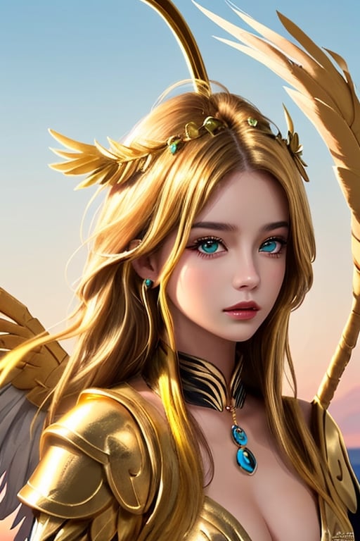 Xiuhcoatl, 1 girl, detailed face and eyes, golden hair, golden eye, 2 golden feathers wings on back, 1 golden tail, Brazilian style