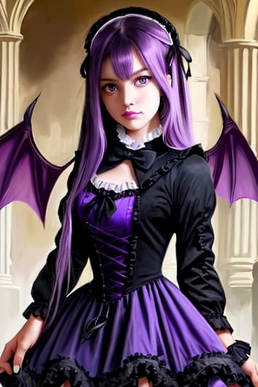 Lucifer, dark angel girl, 1 girl, detailed face and eyes, purple hair, (((very long purple hair))), bat wings, (((black bat wings))), purple dress, (((purple lolita dress))), black stockings, visual novel cg, in a ruined church background, epic fantasty art, queen of hell, carmilla vampire, cerberus, infernal art in good quality, shadowverse style, ruler of inferno, gehenna, giesha demon, isekai manga panel