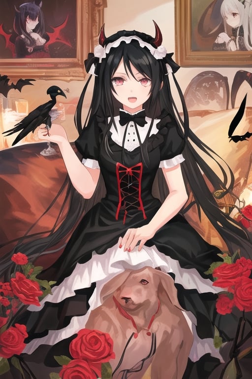 Satan, dark angel girl, 1 girl, detailed face and eyes, black hair, (((very long black hair))), black horns, black feathers wings, black stockings, black dress, (((black lolita dress))), visual novel cg, in a dungeon background, epic fantasty art, queen of hell, carmilla vampire, cerberus, infernal art in good quality, shadowverse style, ruler of inferno, gehenna, giesha demon, isekai manga panel