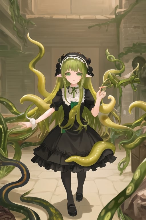 Abhoth, slime girl, 1 girl, detailed face and eyes, green hair, (((very long green hair))), green tentacles, (((green tentacles))), black dress, (((black lolita dress))), visual novel cg, in a dungeon background, epic fantasty art, source of miscreation, mud mass, chimera, infernal art in good quality, shadowverse style, source of abomination, simple-minded, ultimate mistake, isekai manga panel