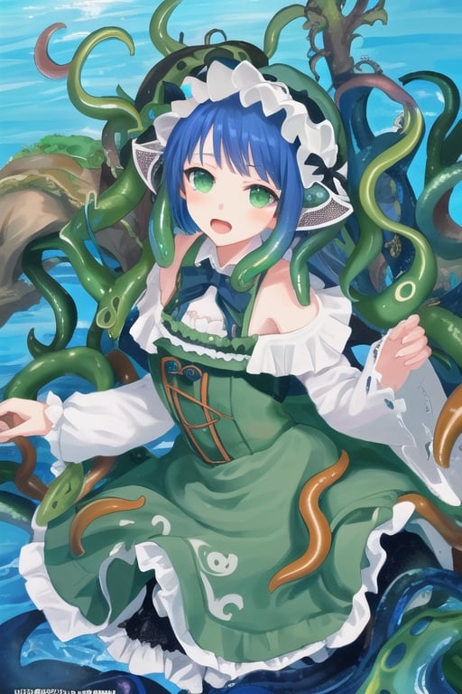 Cthulhu, octopus girl, 1girl, blue hair, (((blue hair))), green eyes, green lolita dress, (((green lolita dress))), green tentacles, (((green tentacles))), visual novel cg, in a ocean background, epic art, queen of mare, karen octopus, infernal art in good quality, shadowverse style, ruler of ocean, profound, great old ones, isekai manga panel