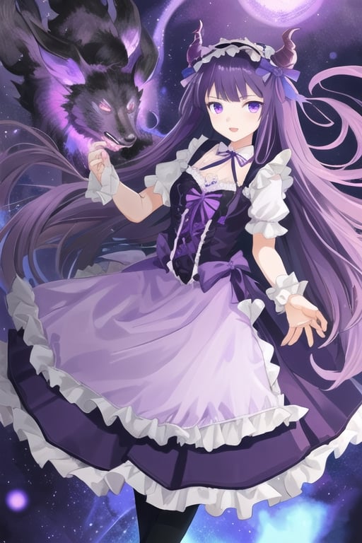 Yog-Sothoth, 1 girl, purple hair, (((very long dark purple hair))), ruriiro eyes, lolita dress, (((purple lolita dress))), white stockings, purple shoes, lights ball around, visual novel cg, in a area full of pale purple light background, epic fantasty art, queen of god, cerberus, infernal art in good quality, shadowverse style, ruler of inferno, gehenna, isekai manga panel