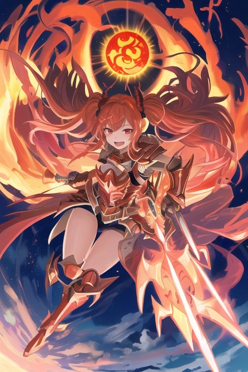 Cthugha, solar sprit, 1 girl ,very long red hair, twin tails, red eyes, red armor, using red ax, fire ball around, visual novel cg, in a solar  background, epic fantasty art, queen of flameland, solar sprit, cerberus, infernal art in good quality, shadowverse style, ruler of Muspelheim, sun, isekai manga panel