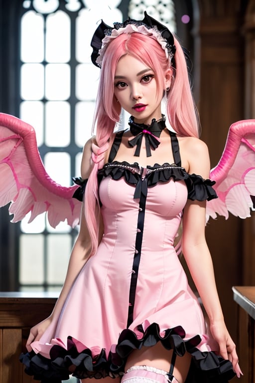 Asmodeus, demon girl, 1 girl, detailed face and eyes, pink hair, (((very long pink hair))), pink horns, pink feathers wings, black stockings, pink dress, (((very sexy pink lolita dress))), scorpion tail, visual novel cg, in a ruined church background, epic fantasty art, queen of hell, carmilla vampire, cerberus, infernal art in good quality, shadowverse style, ruler of inferno, gehenna, giesha demon, isekai manga panel