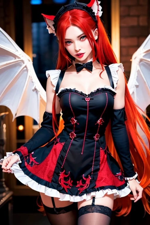 Samael, demon girl, 1 girl, detailed face and eyes, red hair, (((very long red hair))), red eyes, (((red eyes))), wolf ears, red dragon wings, black stockings, red dress, (((red lolita dress))), visual novel cg, in a dungeon background, epic fantasty art, queen of hell, carmilla vampire, cerberus, infernal art in good quality, shadowverse style, ruler of inferno, gehenna, giesha demon, isekai manga panel