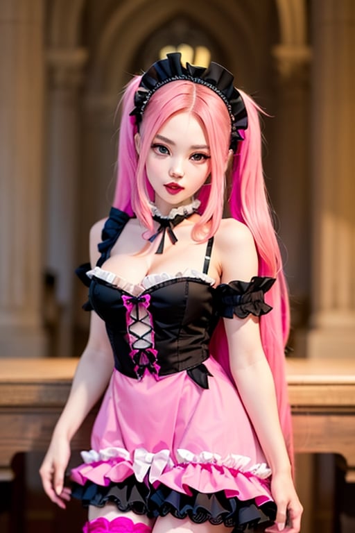 Asmodeus, demon girl, 1 girl, detailed face and eyes, pink hair, (((very long pink hair))), pink horns, pink feathers wings, black stockings, pink dress, (((very sexy pink lolita dress))), scorpion tail, visual novel cg, in a ruined church background, epic fantasty art, queen of hell, carmilla vampire, cerberus, infernal art in good quality, shadowverse style, ruler of inferno, gehenna, giesha demon, isekai manga panel