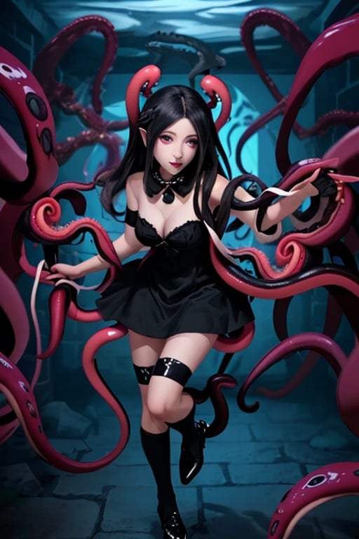 Nyarlathotep, 1 girl, detailed face and eyes, very long black hair, red eyes, black lolita dress, white stockings, black shoes, black tentacles, (((black tentacles))), visual novel cg, in a dungeon background, epic fantasty art, queen of chaos, outer god, cerberus, infernal art in good quality, shadowverse style, ruler of shadow, gehenna, evil god, isekai manga panel