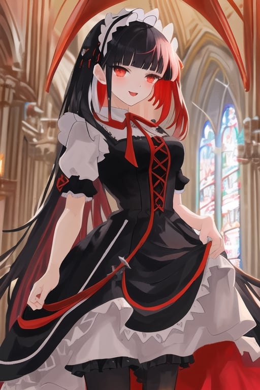 Lilim, dark angel girl, 1 girl, detailed face and eyes, black hair, (((very long black hair))), red bangs, (((very long red bangs))), black feathers wings, white stockings, black dress, (((very sexy black and red lolita dress))), visual novel cg, in a church background, epic fantasty art, princess of hell, carmilla vampire, succubus, infernal art in good quality, shadowverse style, ruler of inferno, brizo, giesha demon, isekai manga panel