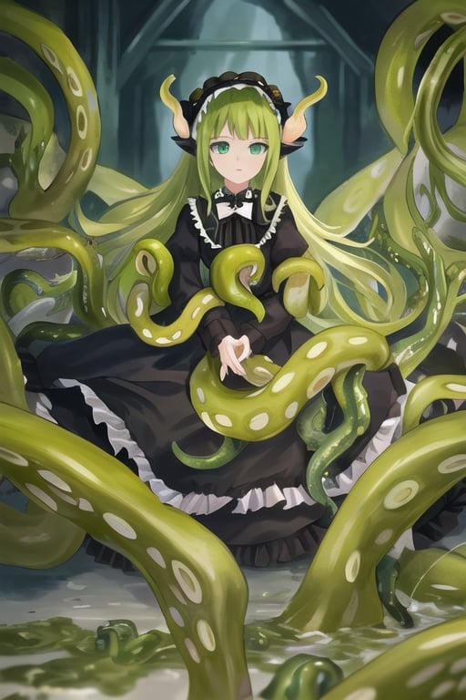 Abhoth, slime girl, 1 girl, detailed face and eyes, green hair, (((very long green hair))), green tentacles, (((green tentacles))), black dress, (((black lolita dress))), visual novel cg, in a dungeon background, epic fantasty art, source of miscreation, mud mass, chimera, infernal art in good quality, shadowverse style, source of abomination, simple-minded, ultimate mistake, isekai manga panel