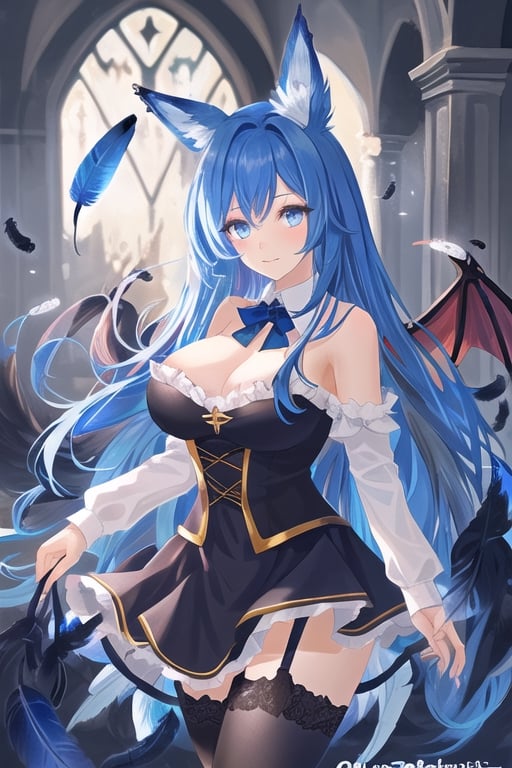 Mammon, dark angel girl, 1 girl, detailed face and eyes, very long blue hair, (((blue hair))), blue eyes, fox ears, (((big fox ears))), feathers wing, (((black feathers wings))), fox tail, blue lolita dress, black stockings, visual novel cg, in a ruined church background, epic fantasty art, queen of hell, carmilla vampire, cerberus, infernal art in good quality, shadowverse style, ruler of inferno, gehenna, giesha demon, isekai manga panel