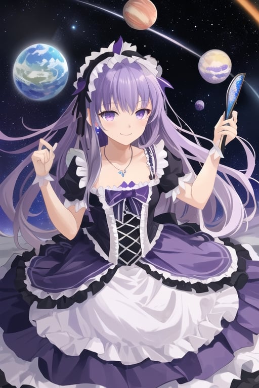 Azathoth girl, emperor,  ruriiro hair, (((purple ruriiro hair))), ruriiro eyes, lolita dress, (((purple blue lolita dress))), white stockings, silver necklace with ruriiro jewelry, stars and planets flow around, smile, visual novel cg, in a chaos background, epic fantasty art, queen of space, outer god, galaxy, infernal art in good quality, shadowverse style, ruler of order, universe, cosmos emperor, isekai manga panel