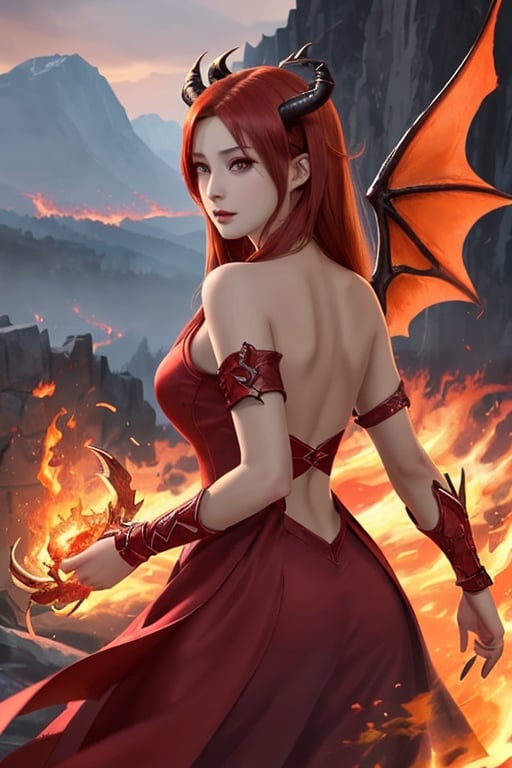 Y-Ddraig-Goch, dragon girl,1 girl, detailed face and eyes, very long red hair, red eyes, big red horns, dragon wings on back, red dress, fire around, visual novel cg, in a mountain background, epic fantasty art, queen of dragon, cerberus, infernal art in good quality, shadowverse style, ruler of fire, gehenna, isekai manga panel