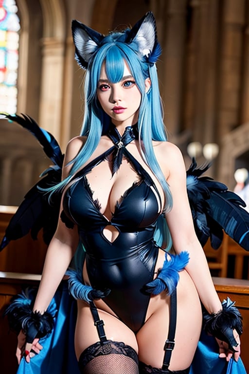 Mammon, dark angel girl, 1 girl, detailed face and eyes, very long blue hair, (((blue hair))), blue eyes, fox ears, (((big fox ears))), feathers wing, (((black feathers wings))), fox tail, blue lolita dress, black stockings, visual novel cg, in a ruined church background, epic fantasty art, queen of hell, carmilla vampire, cerberus, infernal art in good quality, shadowverse style, ruler of inferno, gehenna, giesha demon, isekai manga panel