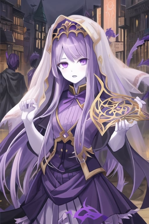 Nyog'Sothep, mist girl, 1 girl, detailed face and eyes, pale purple hair, (((very long pale purple hair))), purple veil, (((pale purple veil))), purple dress, (((pale purple gauze skirt))), purple mist around, visual novel cg, in a ancient city background, epic fantasty art, queen of mist, outer god, labyrinth, infernal art in good quality, shadowverse style, whisperer in darkness, maze, magnum innominandum, isekai manga panel