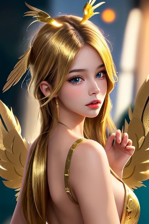 Xiuhcoatl, 1 girl, detailed face and eyes, golden hair, golden eye, 2 golden feathers wings on back, 1 golden tail, Brazilian style