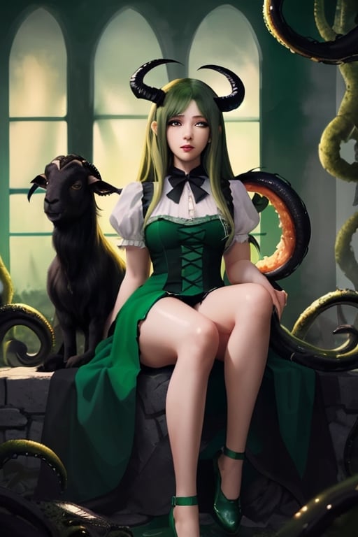 Shub-Niggurath, the Mother of black goats, 1 girl, detailed face and eyes, green hair, (((dark green hair))), golden eyes, (((golden eyes))l, goats horns, bat wings, (((green bat wings))), tentacles, (((green tentacles))), green lolita dress, white stockings, green shoes, sitting on back goats, surrounded by black goats, visual novel cg, in a dungeon background, epic fantasty art, the Mother of black goats, cerberus, infernal art in good quality, shadowverse style, ruler of chaos, gehenna, isekai manga panela