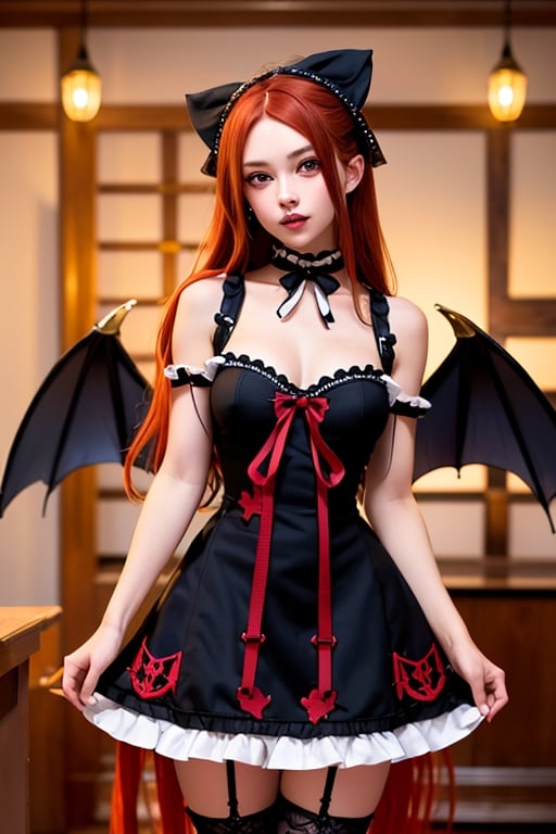 Samael, demon girl, 1 girl, detailed face and eyes, red hair, (((very long red hair))), red eyes, (((red eyes))), wolf ears, red dragon wings, black stockings, red dress, (((red lolita dress))), visual novel cg, in a dungeon background, epic fantasty art, queen of hell, carmilla vampire, cerberus, infernal art in good quality, shadowverse style, ruler of inferno, gehenna, giesha demon, isekai manga panel