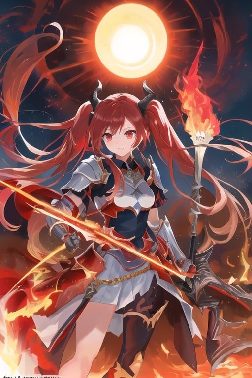 Cthugha, solar sprit, 1 girl ,very long red hair, twin tails, red eyes, red armor, using red ax, fire ball around, visual novel cg, in a solar  background, epic fantasty art, queen of flameland, solar sprit, cerberus, infernal art in good quality, shadowverse style, ruler of Muspelheim, sun, isekai manga panel