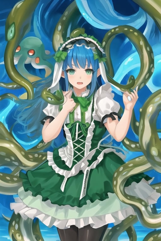 Cthulhu, octopus girl, 1girl, blue hair, (((blue hair))), green eyes, green lolita dress, (((green lolita dress))), green tentacles, (((green tentacles))), visual novel cg, in a ocean background, epic art, queen of mare, karen octopus, infernal art in good quality, shadowverse style, ruler of ocean, profound, great old ones, isekai manga panel