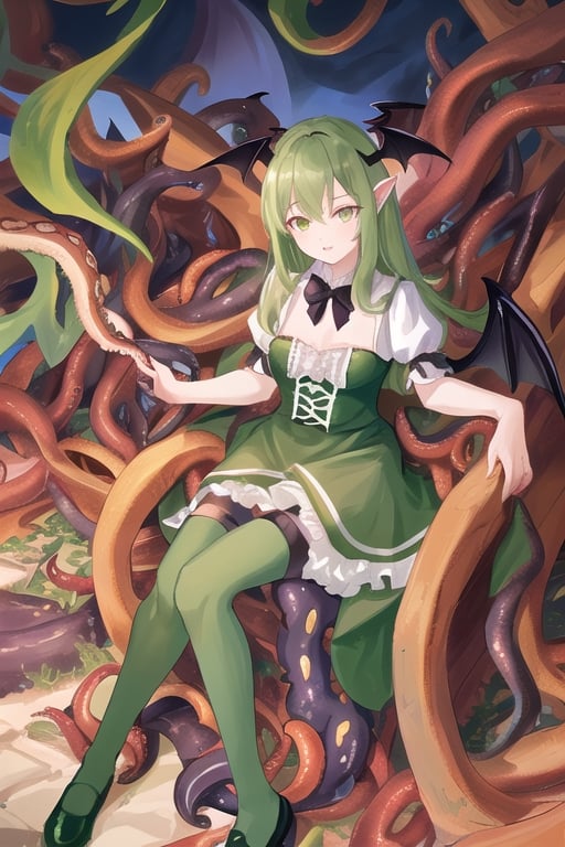 Shub-Niggurath, the Mother of black goats, 1 girl, detailed face and eyes, dark green hair, golden eyes, goats horns, bat wings, (((green bat wings))), tentacles, (((green tentacles))), green lolita dress, white stockings, green shoes, sitting on back goats, surrounded by black goats, visual novel cg, in a dungeon background, epic fantasty art, the Mother of black goats, cerberus, infernal art in good quality, shadowverse style, ruler of chaos, gehenna, isekai manga panela